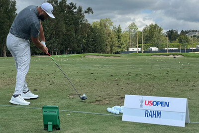 2023 Masters Champion and 2021 U.S. Open Champion Jon Rahm getting ready using his Champions Edition Full Swing KIT at Los Angeles C.C. during Monday’s Practice Round with coach Dave Phillips.