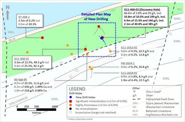Exhibit 1. Plan Map of New Drilling at Ballywire Discovery, PG West Project (100% interest), Ireland (CNW Group/Group Eleven Resources Corp.) Exhibit 1. Plan Map of New Drilling at Ballywire Discovery, PG West Project (100% interest), Ireland (CNW Group/Group Eleven Resources Corp.)