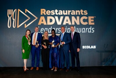 L-R: Michelle Korsmo, President and CEO of the National Restaurant Association and CEO of the National Restaurant Association Educational Foundation; Carl Sobocinski of Greenville, South Carolina; Sue Petersen of Broomfield, Colorado; Chef Lakisha Hunter of Chicago; Michael Hickey of Deephaven, Minnesota; and Rob Gifford, President of the National Restaurant Association Educational Foundation.
