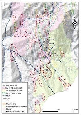 Figure 4. Plan map showing the location of the Prometedor drill holes with the surface soil anomalies and mapped geology. (CNW Group/Luminex Resources Corp.)