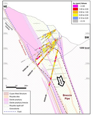 Figure 2. Drill Section with interpreted geology viewing east, with location indicated on Figure 1. (CNW Group/Luminex Resources Corp.)