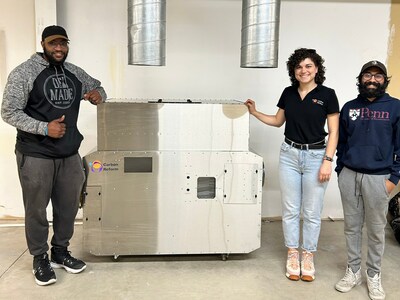 Jamie Watson (Lab Technician), Jo Norris (Co-Founder & CEO), and Rakesh Ravi (Product Engineer) at the install of the Carbon Capsule Pilot Unit at MDavis & Sons.