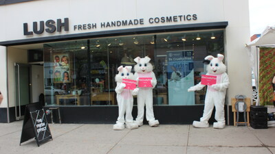 Humane Society International representatives in costumes advocate against animal testing outside the Queen St W Lush store in Toronto in 2012.