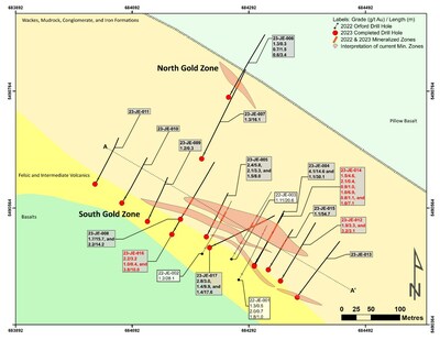 Figure 1: Map of the Joutel Eagle South Gold Zone Showing new results and completed drilling.  Note that all drilling intervals are down-hole lengths. True thicknesses cannot be estimated with available information. (CNW Group/Orford Mining Corporation)