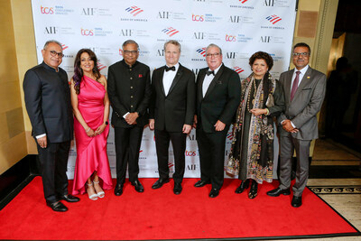 The 2023 AIF NYC Gala at Gotham Hall on June 21, 2023 (From Left to Right - Harit Talwar and Lata Krishnan--Co-Chairs, AIF Global Board; Natarajan Chandrasekaran, Chairman Tata Sons; Brian Moynihan, Chairman & CEO, Bank of America, Don Callahan, Non-Executive Chairman, TIME; Chandrika Tandon, Founder & Chair, Tandon Capital Associates and Krishnamurthy Tandon Foundation, and Nishant Pandey, CEO, AIF)