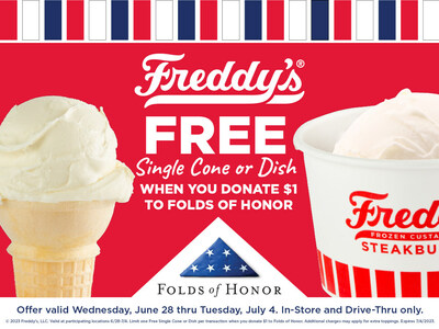 Donate $1 to Folds of Honor starting June 28, 2023, through July 4, 2023 and receive a free single cake cone or dish from Freddy's.