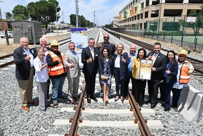 Regional leaders from the San Gabriel Valley celebrating completion of major work on new light rail track system for 9.1-mile, four-station Foothill Gold Line light rail project from Glendora to Pomona at Track Completion Ceremony on June 24, 2023, in La Verne, Calif.