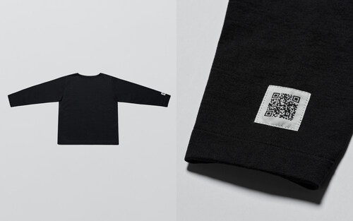 Left: First demonstration product developed by Spiber and Goldwin to help identify potential challenges to solve in determining a guideline for fully circular apparel products. Right: QR code leading to a demonstration webpage showing information on materials and chemicals used to make the demonstration product. Photo courtesy of Spiber Inc. Photo courtesy of Spiber Inc.