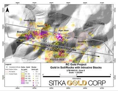 Figure 2: Surface Geochemical Results and Intrusive Stocks (CNW Group/Sitka Gold Corp.)
