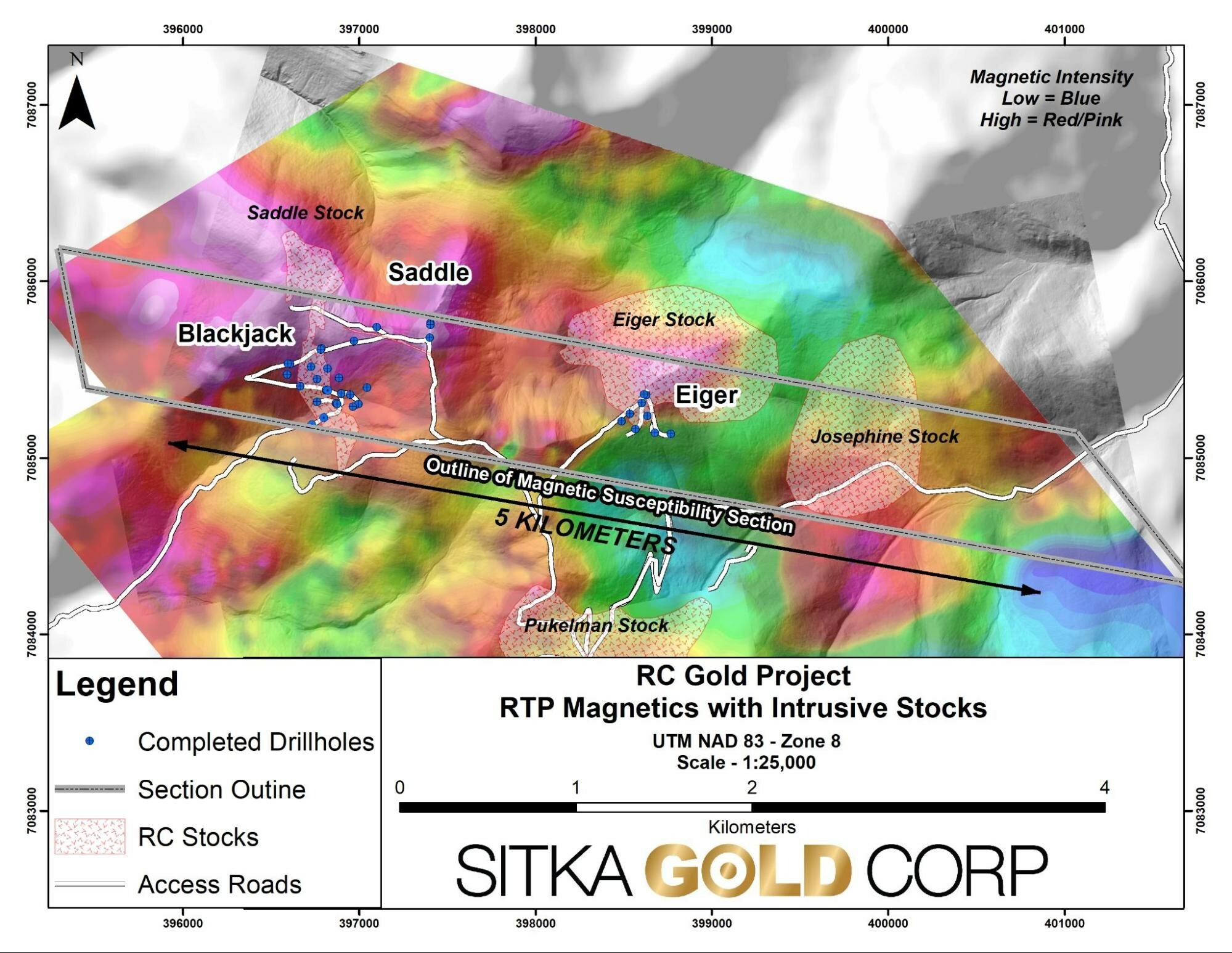 Figure 1: Magnetic Susceptibility and Intrusive Stocks (CNW Group/Sitka Gold Corp.) Figure 1: Magnetic Susceptibility and Intrusive Stocks (CNW Group/Sitka Gold Corp.)