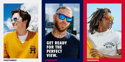 A Tommy Hilfiger Spring/Summer 2023 eyewear campaign image featuring athletes Scotty James, Sergio Ramos and Nick Pescetto. The TOMMY HILFIGER eyewear collection is designed and manufactured by Safilo Group.