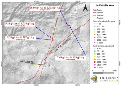 Map 2. La Estrella vein sample assays from surface and trench 96. (CNW Group/Outcrop Silver & Gold Corporation)
