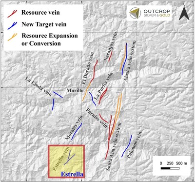 Map 1. Northern Santa Ana resource and prospective veins included in the current drill program. (CNW Group/Outcrop Silver & Gold Corporation)