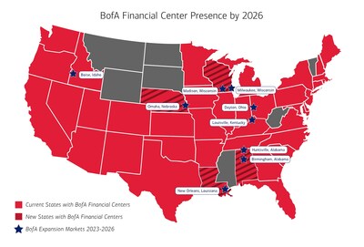 Map of the contiguous United States titled “BofA Financial Center Presence by 2026”. (PRNewsfoto/Bank of America Corporation)