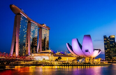 SINGAPORE - MAR 6, 2020: Marina Bay Sands and ArtScience Museum in Singapore after sunset