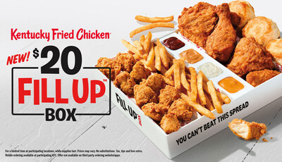 Starting June 30, KFC is introducing a new $20 Fill Up Box that the whole family can enjoy! The shareable box is filled with a variety of KFC favorites including a 12-piece of KFC’s NEW Kentucky Fried Chicken Nuggets, four pieces of chicken, Secret Recipe Fries, four biscuits and your choice of dipping sauces.