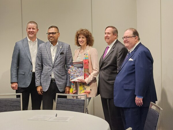 From left: Dave Roberts, Coauthor of 'Demystifying the Digital Market & Guide to Commercial Strategy'; Bharat Patel, Chairman of AAHOA; Cindy Estis Green, CEO of Kalibri Labs and Coauthor of 'Demystifying the Digital Market & Guide to Commercial Strategy'; Bob Gilbert, President and CEO of HSMAI; and Frank Wolfe, CEO of HFTP