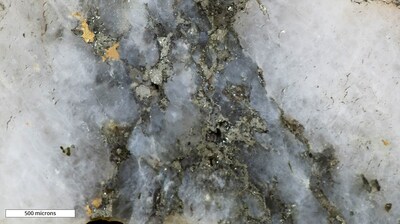 Figure 5: Coarse native gold in fractures and at pyrite-quartz grain boundaries. From an interval (108 - 109 m) that assayed 16.7 g/t Au. Hole GH0001. (CNW Group/Mantaro Precious Metals Corp.)