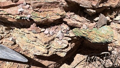Figure 3 – Copper showing (malachite) outcrop at Tirzzit (CNW Group/Aya Gold & Silver Inc)
