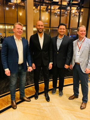 The Jeep® brand renews its partnership with the USO (United Service Organizations, Inc.). Pictured (left to right) are Christian Meunier (Jeep brand CEO), Derek Jeter, Admiral Alan Reyes (USO Chief Operating Officer) and Jim Morrison (senior vice president, Jeep brand North America) at the Stellantis Dealer Announcement Meeting in Las Vegas in March 2023.  (Credit: the Jeep brand)