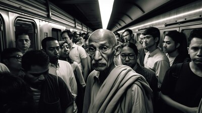 Mahatma Gandhi in the New York subway, an AI-generated scene from the short film 