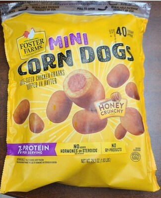 Pictured: Foster Farms Mini Corn Dogs Bite-Sized Chicken Franks Dipped in Batter Honey Crunchy Flavor