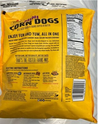 Back of Packaging: Foster Farms Mini Corn Dogs Bite-Sized Chicken Franks Dipped in Batter Honey Crunchy Flavor