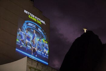 OKX celebrates official Manchester City sleeve partnership with the projection of images of Manchester City players Haaland, Grealish, Dias, Castellanos, Greenwood and Hasegawa were projected onto buildings across Istanbul and Rio de Janeiro.