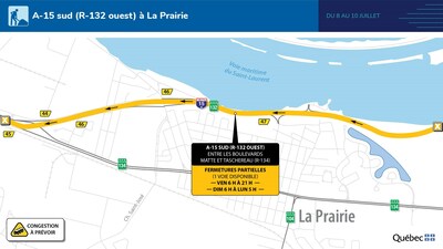 Autoroute 15 sud à La Prairie : période de travaux intensifs durant la fin de semaine du 8 au 10 juillet (Groupe CNW/Ministère des Transports et de la Mobilité durable)
