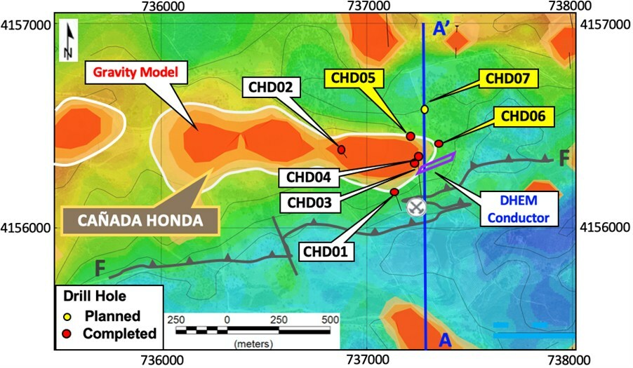 Figure 1 – Cañada Honda gravity anomaly map (gravity inversion models on Bouger gravity grid) with drill hole locations, including new holes CHD05, CHD06 and CHD07, DHEM conductor and cross section location A-A’ in Figure 2. (CNW Group/Pan Global Resources Inc.) Figure 1 – Cañada Honda gravity anomaly map (gravity inversion models on Bouger gravity grid) with drill hole locations, including new holes CHD05, CHD06 and CHD07, DHEM conductor and cross section location A-A’ in Figure 2. (CNW Group/Pan Global Resources Inc.)