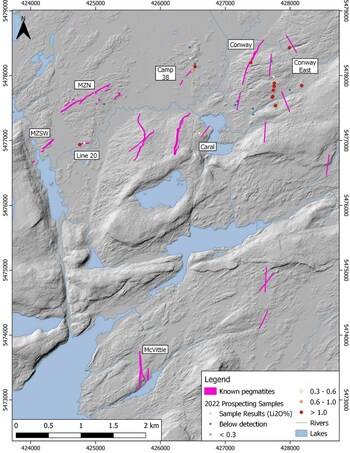 FIGURE 1 | Map showing location of northern spodumene-bearing deposits and prospects.  Rock Tech’s 2023 winter drilling programme focused on the MZN and McVittie prospects. Summer field exploration will focus on positive sample results from the 2022 field program. (CNW Group/Rock Tech Lithium Inc.) FIGURE 1 | Map showing location of northern spodumene-bearing deposits and prospects.  Rock Tech’s 2023 winter drilling programme focused on the MZN and McVittie prospects. Summer field exploration will focus on positive sample results from the 2022 field program. (CNW Group/Rock Tech Lithium Inc.)