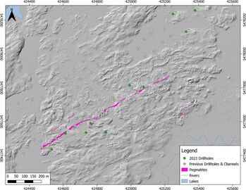 FIGURE 2 | Map showing location of drill holes completed at MZN in Winter 2023. (CNW Group/Rock Tech Lithium Inc.) FIGURE 2 | Map showing location of drill holes completed at MZN in Winter 2023. (CNW Group/Rock Tech Lithium Inc.)