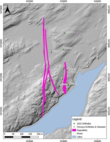 FIGURE 3 | Map showing location of drill holes drilled at McVittie in 2023. (CNW Group/Rock Tech Lithium Inc.) FIGURE 3 | Map showing location of drill holes drilled at McVittie in 2023. (CNW Group/Rock Tech Lithium Inc.)