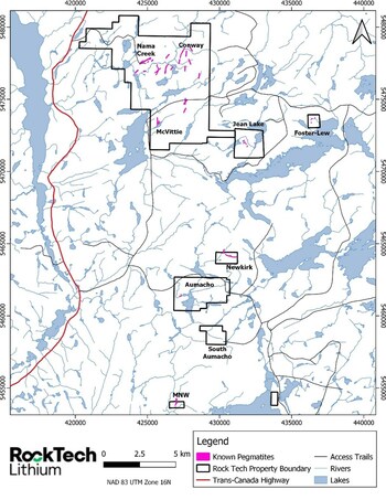 FIGURE 4 | Map showing total land package of Rock Tech Lithium’s Georgia Lake property and locations. (CNW Group/Rock Tech Lithium Inc.) FIGURE 4 | Map showing total land package of Rock Tech Lithium’s Georgia Lake property and locations. (CNW Group/Rock Tech Lithium Inc.)