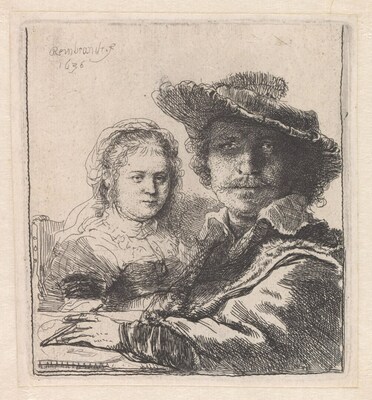 Rembrandt van Rijn, Self-Portrait with Saskia, 1636. Etching, 90 x 92 mm. Collection Museum Boijmans Van Beuningen, Rotterdam, MS 640 (PK), from the estate of H.M. Montauban van Swijndregt, 1929 / Photo: Rik Klein Gotink (CNW Group/Musée national des beaux-arts du Québec)