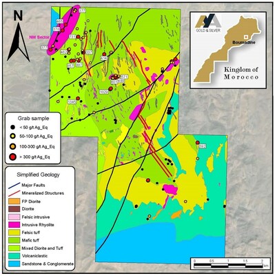 Figure 4 – Surface Plan of Property with Simplified Geology and 2023 Surface Samples (CNW Group/Aya Gold & Silver Inc)