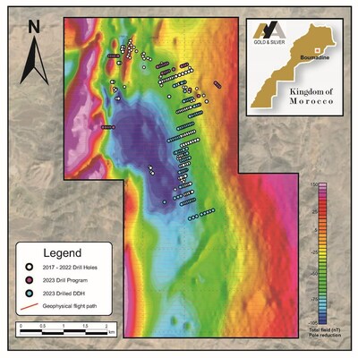 Figure 1 – Surface Plan of Boumadine Property with Magnetic Data (Residual Total Field) and 2023 Drill Holes (CNW Group/Aya Gold & Silver Inc)