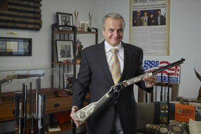Henry Repeating Arms Founder and CEO Anthony Imperato displays a Henry American Eagle lever action rifle in the company's Bayonne, New Jersey manufacturing plant. (Photo/Michael Ives)