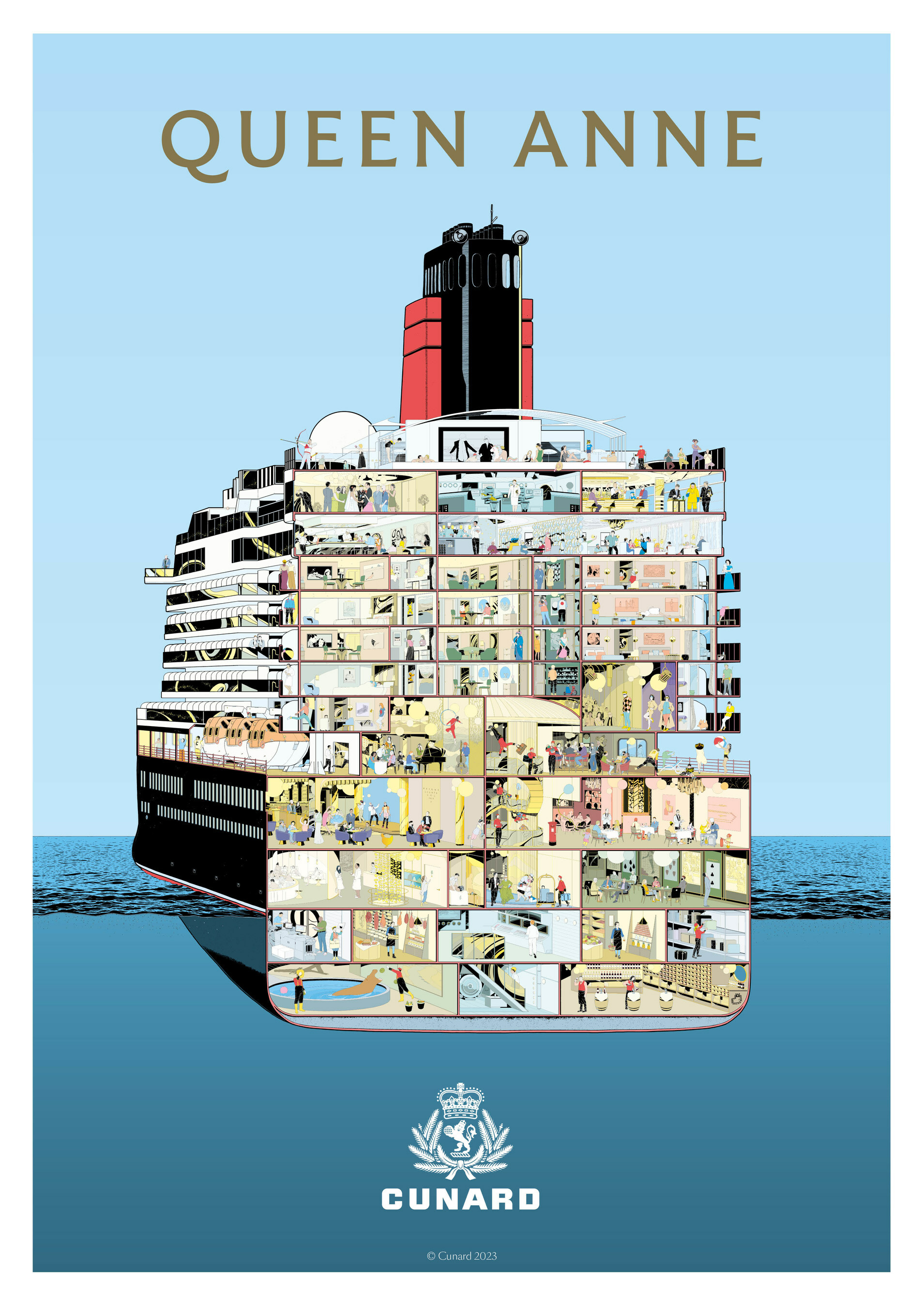 Cunard creates 1920's style Cutaway image to celebrate the company's 183rd Birthday, and the upcoming debut of its new ship, Queen Anne    (Image at LateCruiseNews.com - July 2023)