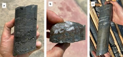 Figure 2 – Drill core from drillhole LRD162: (a) potential high-grade chalcocite at 57m down-hole depth, (b) coarse cassiterite at 134m, and (c) massive sulphide at 139m. (CNW Group/Pan Global Resources Inc.)