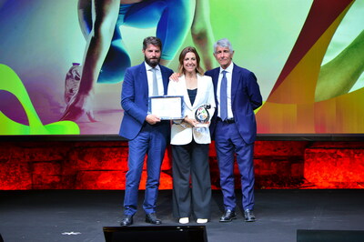 Deborah Compagnoni with the Minister of Sport in Italy, Andrea Abodi, and Ennio Troiano, Fair Play Menarini International Award 2023