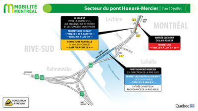 Secteur du pont Honoré-Mercier, 7 au 10 juillet (Groupe CNW/Ministère des Transports et de la Mobilité durable)