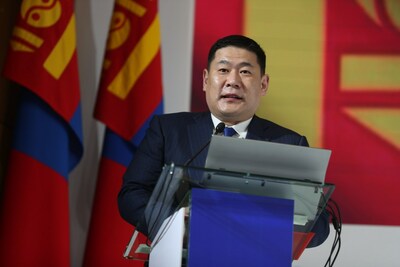 The Prime Minister of Mongolia speaks at the 2023 Mongolia Economic Forum in Ulaanbaatar.