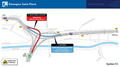 Échangeur Saint-Pierre - Entraves majeures du 14 au 17 juillet 2023 (Groupe CNW/Ministère des Transports et de la Mobilité durable)
