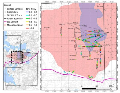 Figure 1: Plan map of the current area of drilling on the West Graham Project showing the collar locations and drill traces of the completed holes. Assay results for the reported holes are shown in callouts. Interval lengths reported above are downhole lengths. See Table 1 for true width estimations. (CNW Group/SPC Nickel Corp.)