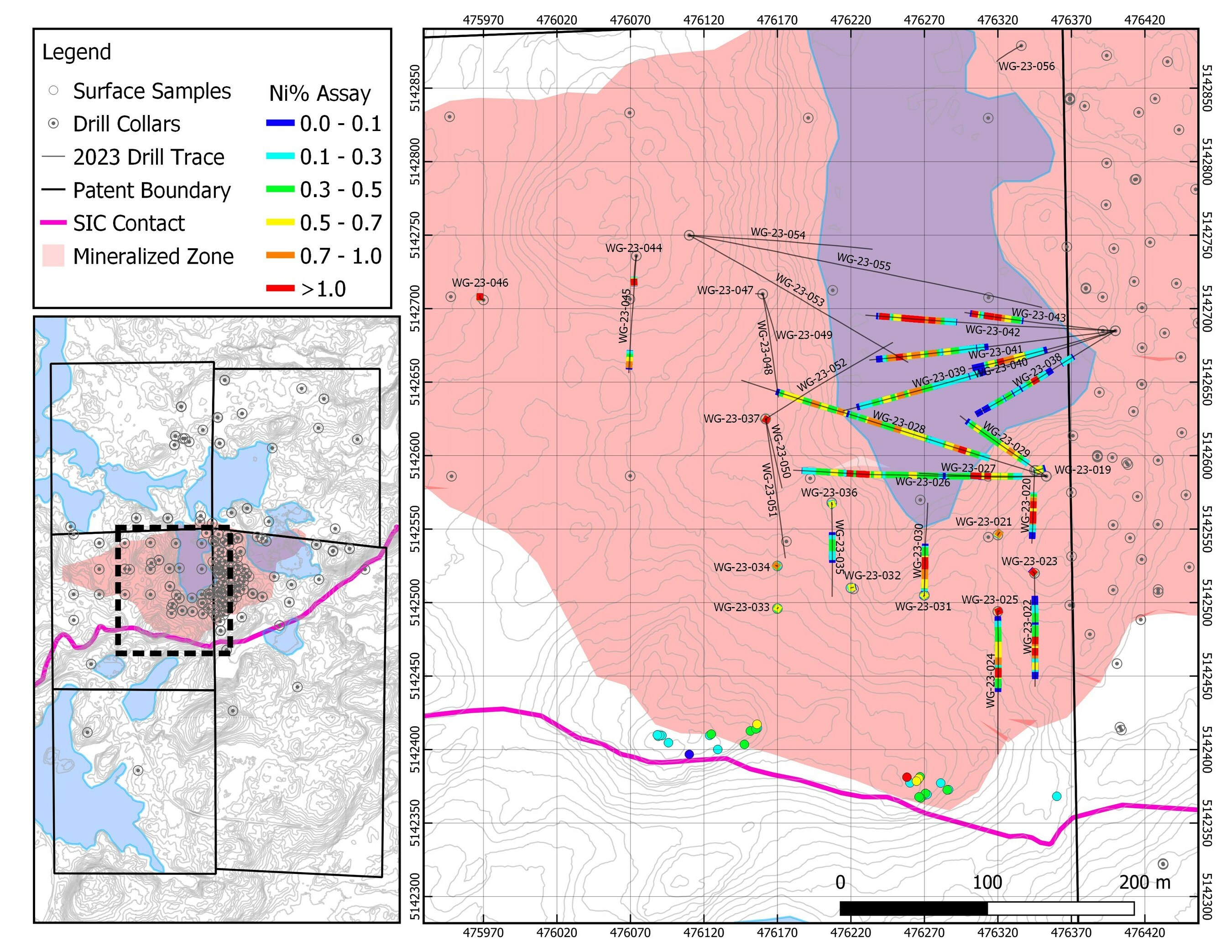 Figure 1: Plan map of the current area of drilling on the West Graham Project showing the collar locations and drill traces of the completed holes. Assay results for the reported holes are shown in callouts. Interval lengths reported above are downhole lengths. See Table 1 for true width estimations. (CNW Group/SPC Nickel Corp.) Figure 1: Plan map of the current area of drilling on the West Graham Project showing the collar locations and drill traces of the completed holes. Assay results for the reported holes are shown in callouts. Interval lengths reported above are downhole lengths. See Table 1 for true width estimations. (CNW Group/SPC Nickel Corp.)