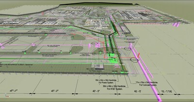 FLINT's coordination environment in Revizto displaying a 2D contract drawing overlayed to level of the 3D coordination model - enabling the project team to view the site utility model and site utility plan together to provide better context and streamline decision making.