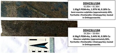 Figure 1: Core Photos (DDH23LU184) showing further evidence of magmatic nickel sulphide mineralization in the Southwest Sector. (CNW Group/Bravo Mining Corp.)