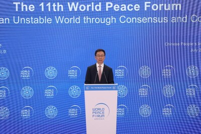 China's Vice President Han Zheng delivers a keynote speech at the 11th World Peace Forum opening ceremony on July 3, 2023.