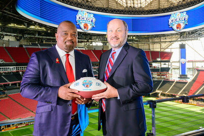 Aflac U.S. President Virgil Miller (left) and Peach Bowl, Inc. CEO and President Gary Stokan (right) celebrate the two organizations coming together for a three-year partnership that will make Aflac the title sponsor of Peach Bowl, Inc.'s annual college football kickoff game in Atlanta. Photo Credit: John Helms, Aflac